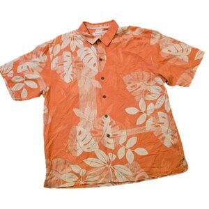 Tommy Bahama Hawaiian Silk Shirt Size L Mens Orange Tropical Leaf Print